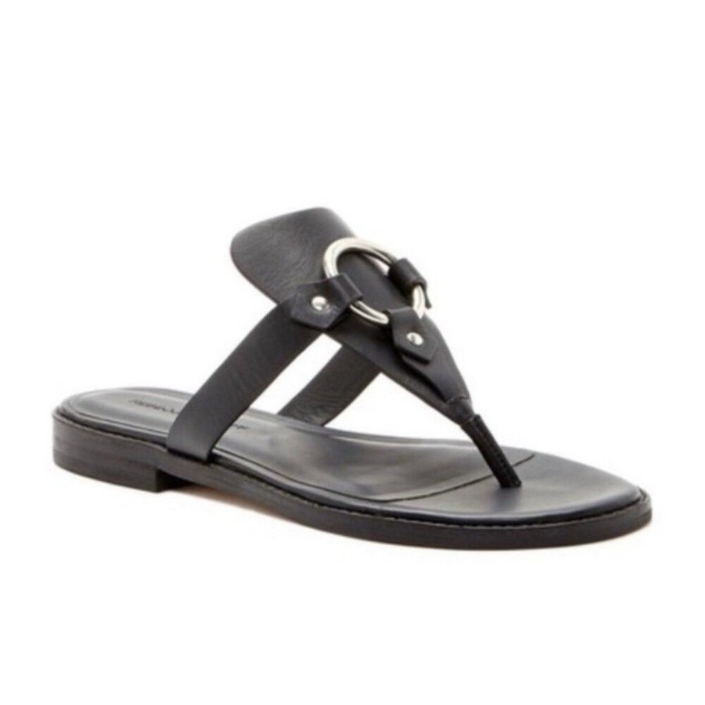 Rebecca Minkoff Sandals Size 7.5 Black Sheena Thong Leather Flats Silver Ring